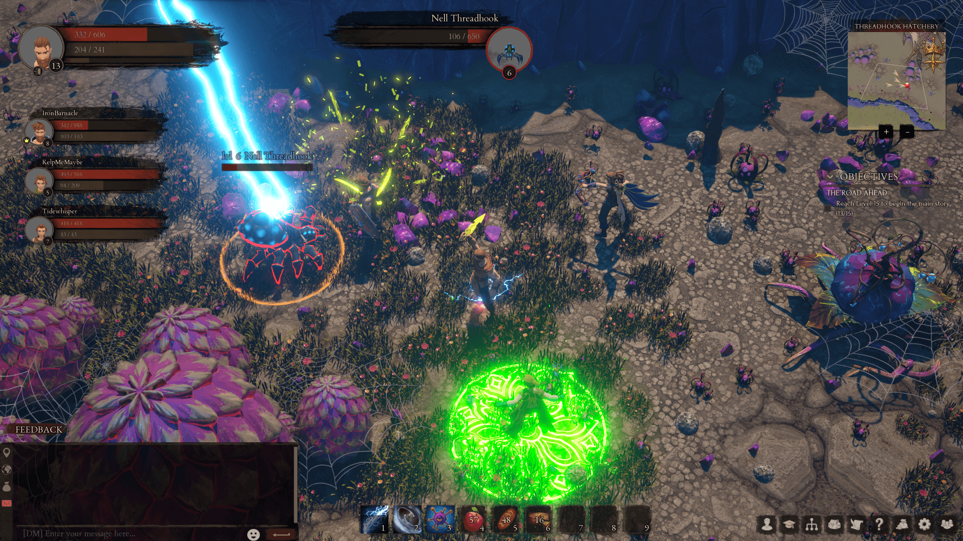 Four-player Pirate Royalty party fighting Nell Threadhook, a spider boss in Threadhook Hatchery on Saltbreak Isle