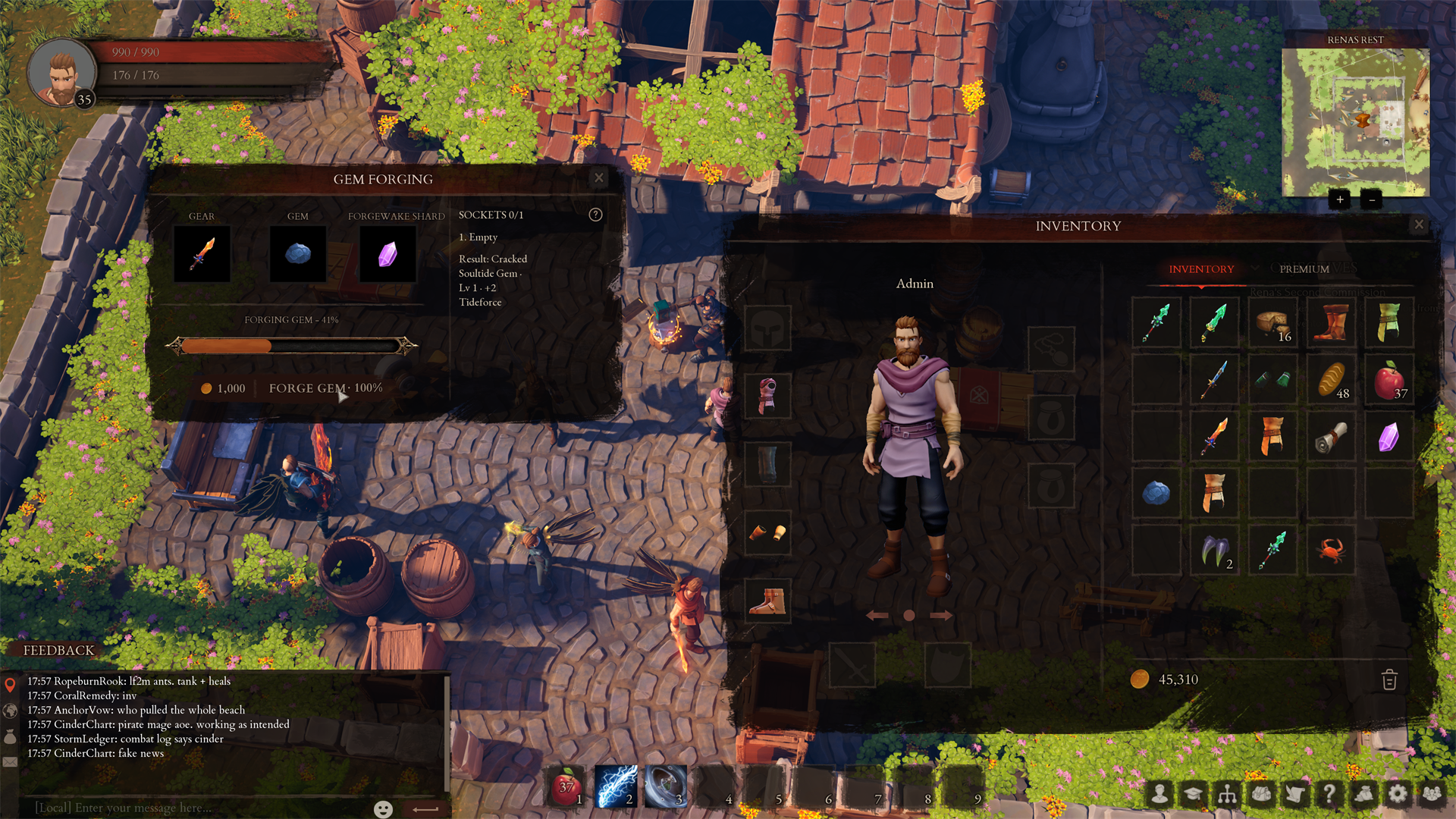 Pirate Mage forging a gem into a dagger through the equipment crafting interface at Rena's Rest in Pirate Royalty